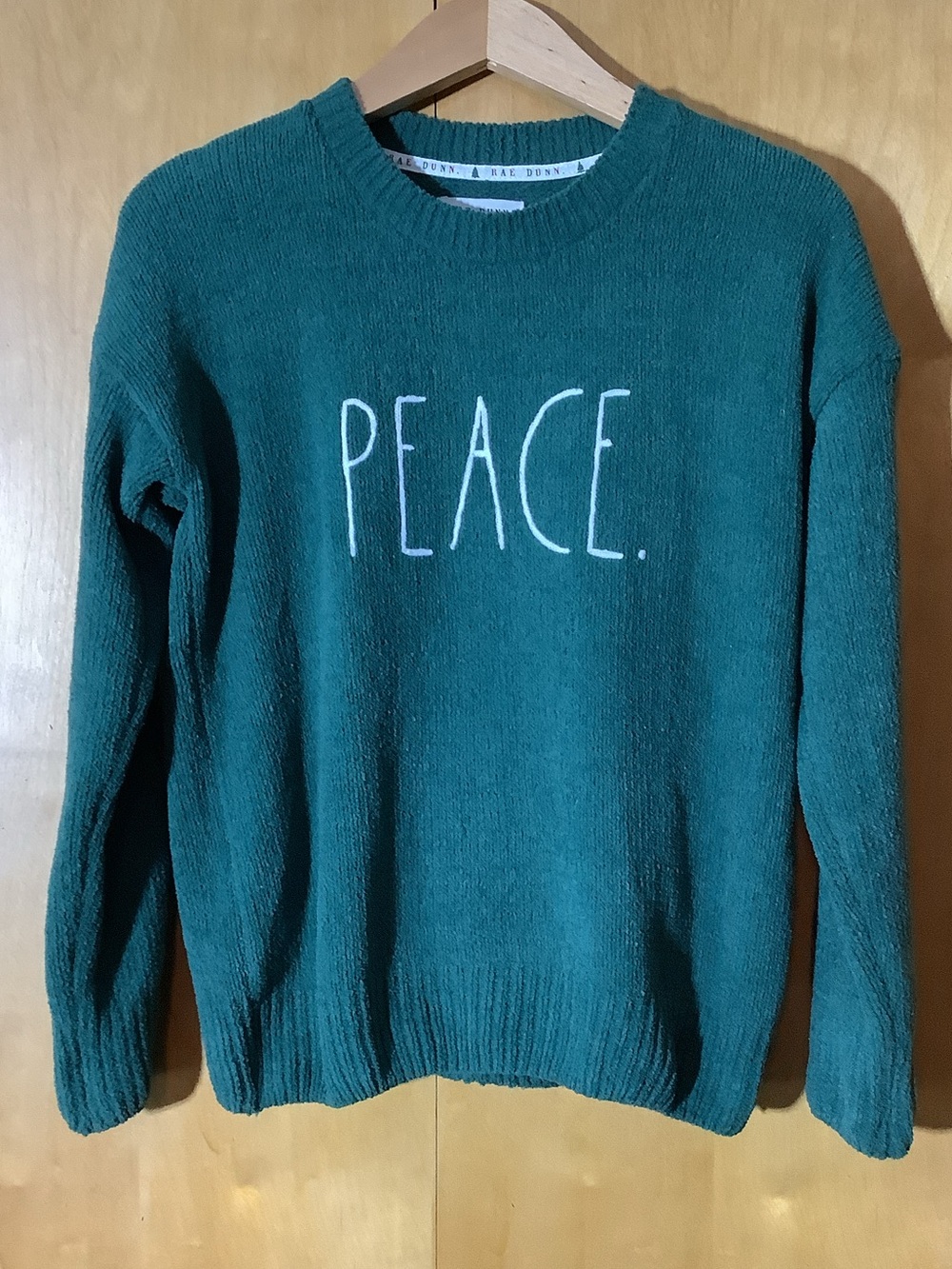 Rae Dunn green Peace sweater, size medium